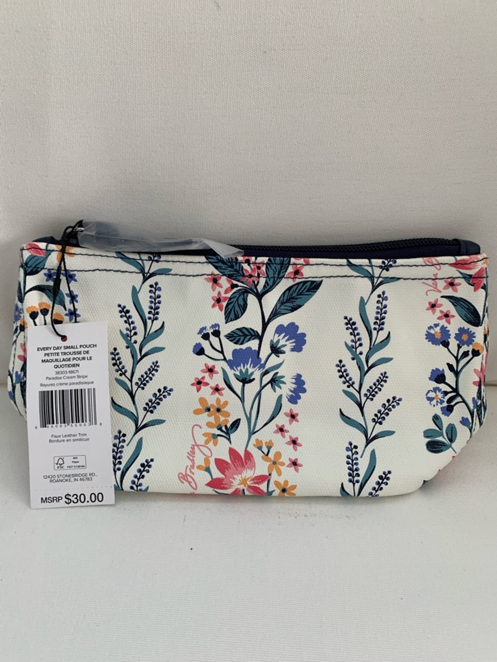 NWT - Vera Bradley Canvas Cream Floral Zip Pouch with Navy Trim